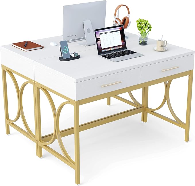 Tribesigns Modern Computer Desk with 2 Drawers Set of 2 41 Inches Study Writing Office Desk for Home Office Bedroom Makeup Vanity Table Desk with Gold Metal Frame White &amp Gold