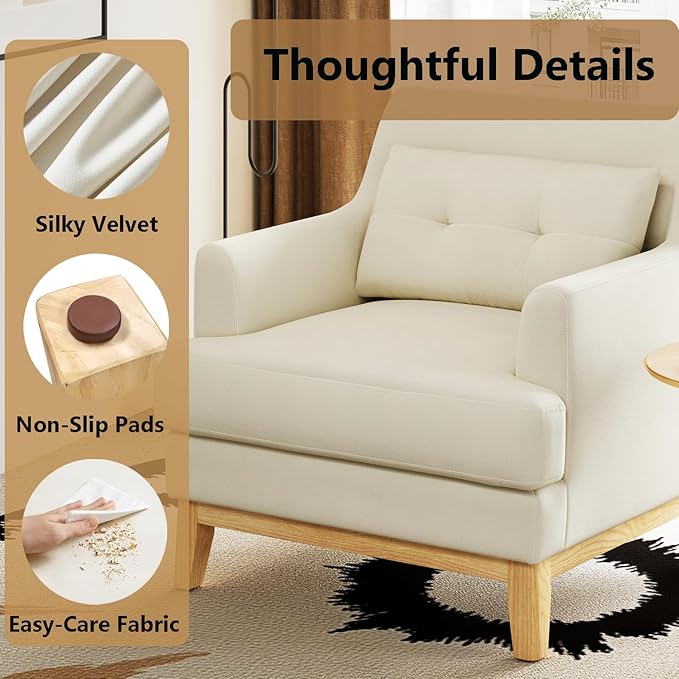 LINSY Accent Chair Large Reading Chair with Rubberwood Base Mid Century Modern Armchair with Lumbar Pillow Cozy Single Sofa Chair for Living Room Bedroom Office Study Velvet Arm Chair Beige