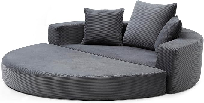 Grey Boneless Loveseat Couch - 67 Circular Convertible Sofa Bed No Assembly Corduroy Folding Floor Futon with Pillows for Small Spaces (Grey)
