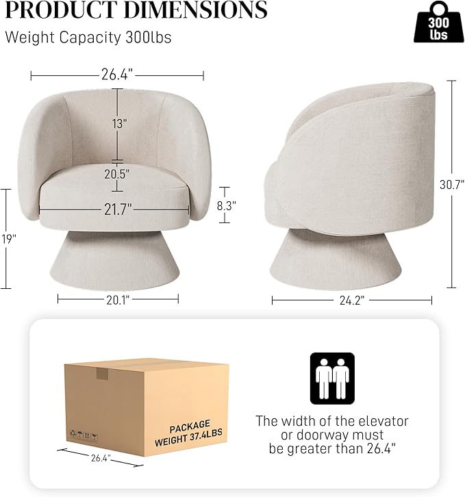 Swivel Barrel Chair Set of 2 Upholstered Swivel Accent Chairs for Living Room Comfy 360 Degree Modern Small Round Armchair for Bedroom Office (Beige White Linen)