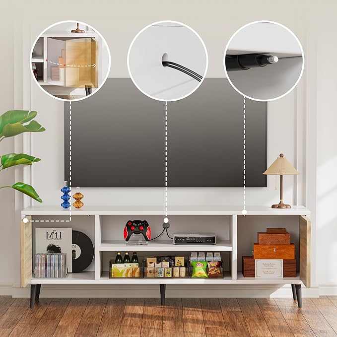JUMMICO TV Stand for 65 Inch TV Mid Century Modern TV Stand Entertainment Center with Storage Cabinet and Open Shelves TV Console Table Media Cabinet for Living Room and Bedroom (White)