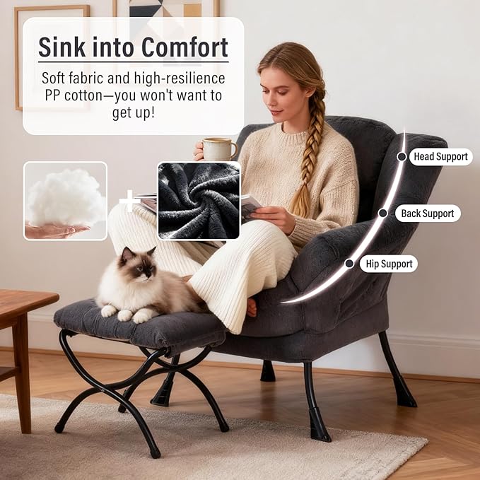 Lazy Chair with Ottoman Modern Accent Chair with Armrests and a Side Pocket Plush Navy Accent Chairs Reading Chairs Oversized Armchairs for Bedroom Study Living Room Courtyard