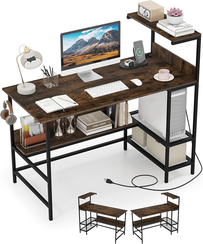 Giantex 48 Computer Desk with Charging Station Reversible Writing Desk with Storage Shelves &amp Headphone Hook Small Gaming Desk Industrial Computer Workstation for Home Office (Rustic Brown)