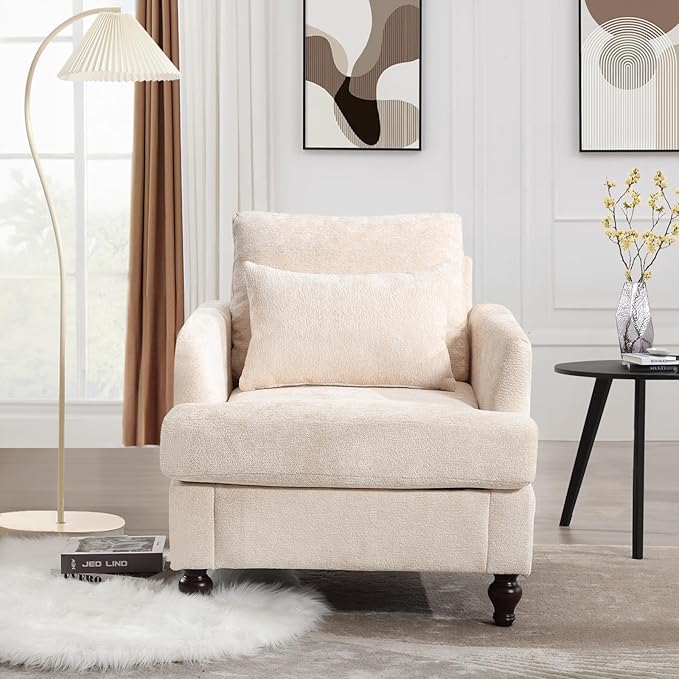 KINFFICT Modern Accent Chair for Living Room Upholstered Single Sofa Chair with Lumbar Pillow Comfy Armchair with Thickened Cushion Living Room Chairs for Bedroom Office Beige Chenille