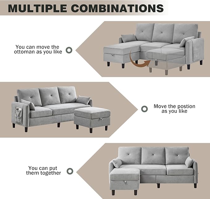 Convertible Sectional Sofa Modern Linen Fabric Sofa Couch with Reversible Chaise 3 Seat L-Shaped Couches for Living RoomOffice Small Apartment Light Grey
