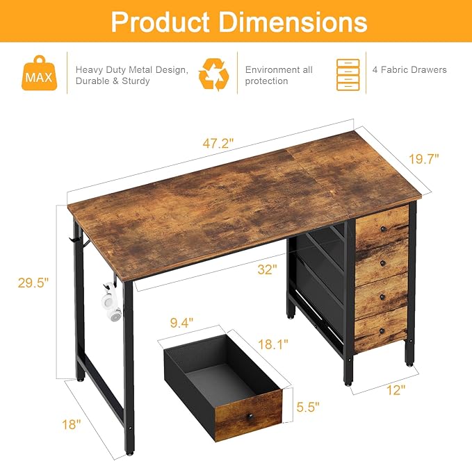 DLisiting 47 Inch Computer Office Desk - Home Office Desk with Storage Fabric Drawers Simple PC Writing Work Desks for Bedroom Boys Girls Teens Childrens Rustic Brown