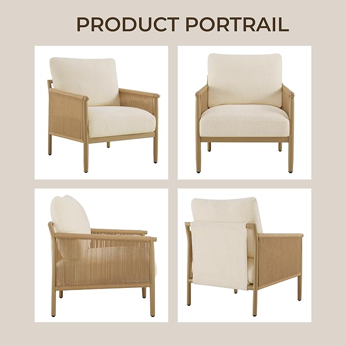 CHITA Braid Accent Chairs Modern Armchair with Wood-Like Finish Metal Frame for Living Room and Bedroom Boho Reading Chair Cream