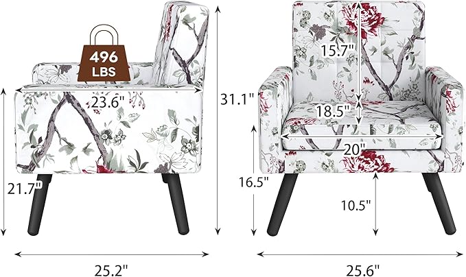 Accent Chair for Living Room Set of 2 Mid-Century Modern Comfy Upholstered Armchair with Large Seat Single Sofa Reading Chair 496 Lb. Weight Capacity for Bedroom Apartment Red Floral
