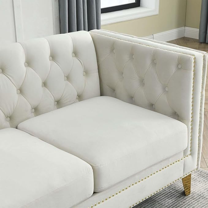Antetek L Shaped Couches for Living Room Modern Button Tufted Velvet Sofa Couch with Square Armrests Inlaid with Gold Nail Heads Upholstered Corner Sofas for Living Room Office Apartment Beige