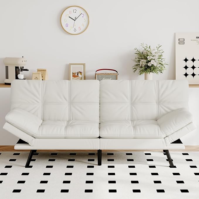 Futon Sofa Bed Convertible Couch White Faux Leather Sofa Bed with Memory Foam Adjustable Backrest &amp Armrests Multifunctional Small Loveseat Sleeper Sofa for Living Room Apartment Office