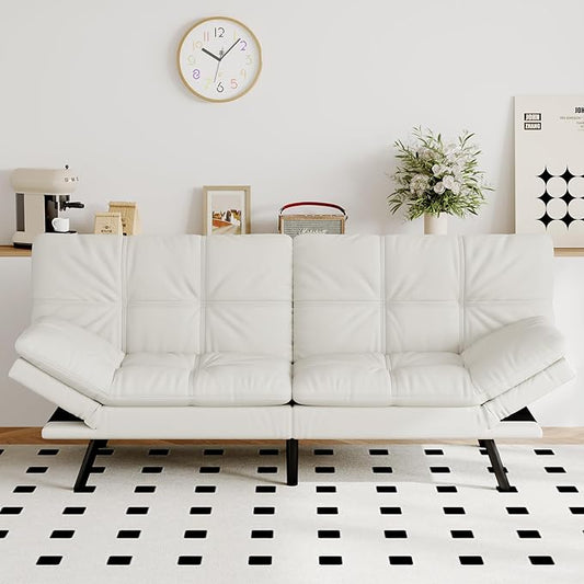 Futon Sofa Bed Convertible Couch White Faux Leather Sofa Bed with Memory Foam Adjustable Backrest &amp Armrests Multifunctional Small Loveseat Sleeper Sofa for Living Room Apartment Office