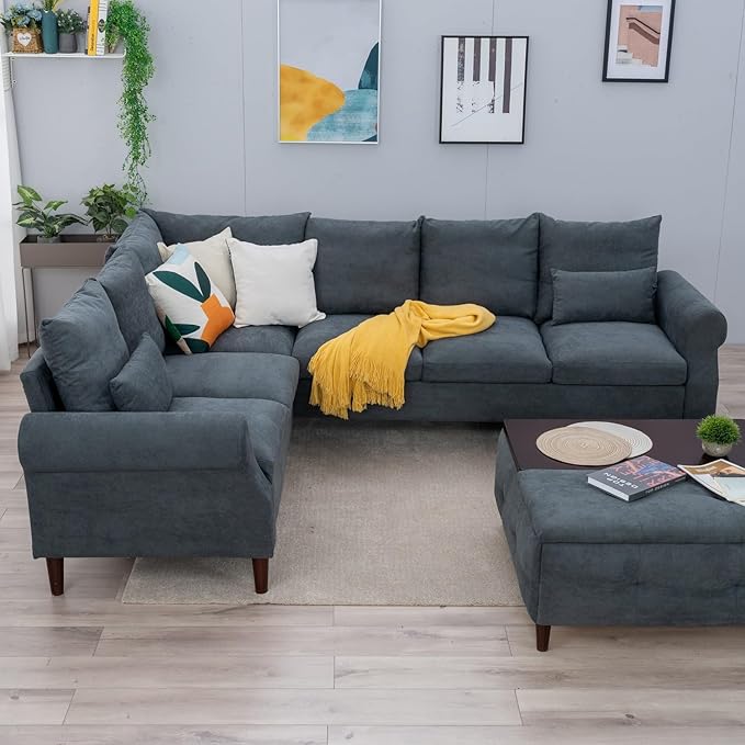 Panana 6 Seater Corner Sofa Modern Rolled Arms Design L Shaped Couch Settee for Living Room (Gray 6 seat L Shaped Corner Sofa)