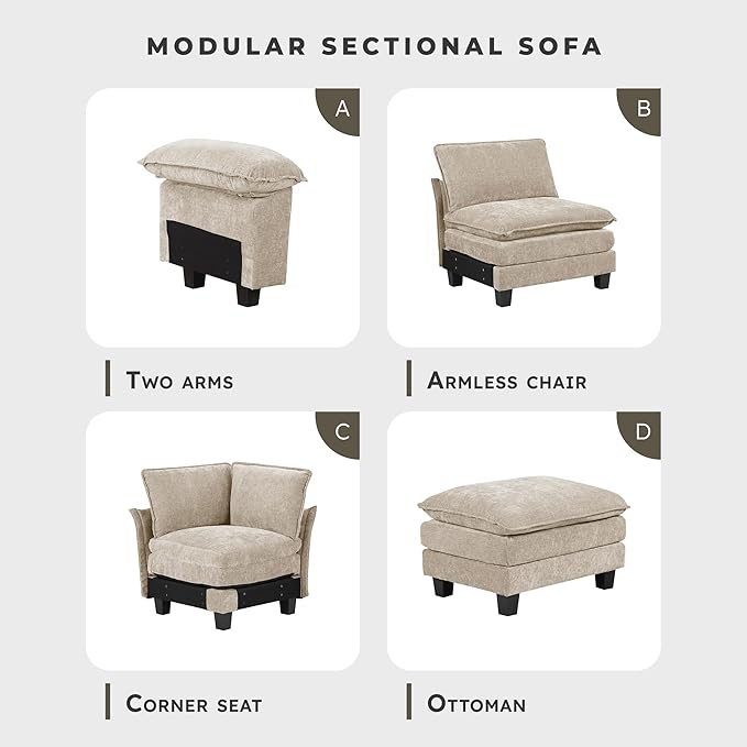 Lexicon Modular Sectional Sofa Module for Sectional Couch 2 Arms with Adjustable Pillow Top Set Left and Right Sofa Arm Soft Upholstery Durable Frame Customizable Comfort Chenille Light Taupe