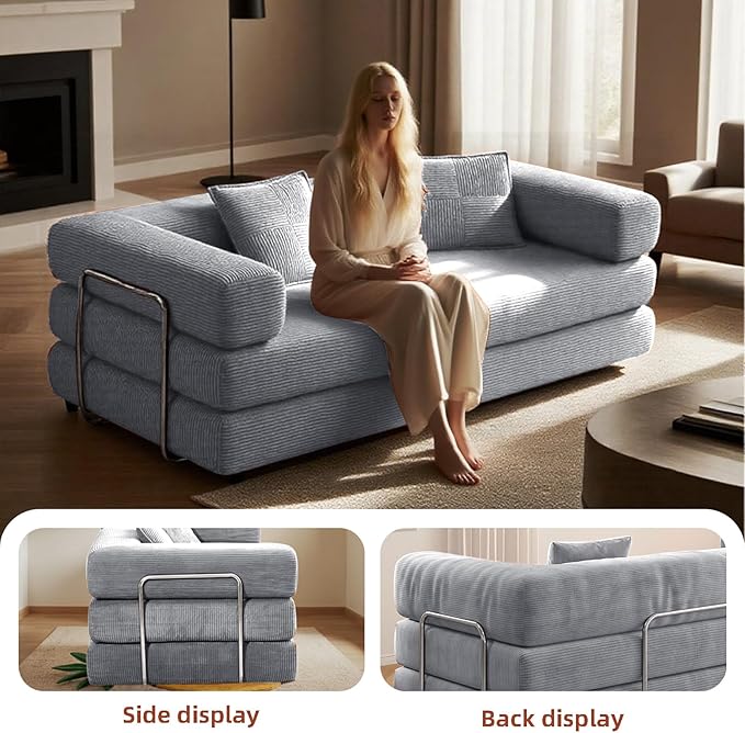 79 Convertible Sofa Bed with 2 Pillows Fixed-Shape Frame Removable Armrests Corduroy Boneless Futon Sofa Bed Modular Foldable Sleeper Couch for Living Room Bedroom Dorm（Beige Grey）