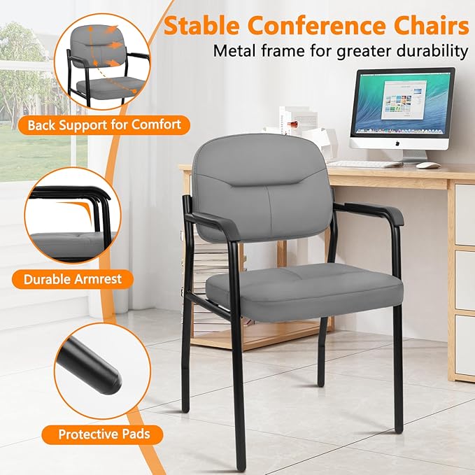 CLATINA Leather Guest Chair No Wheels Office Reception Chair with Armrests and Lumber Support Ergonomic Desk Armchair for Meeting Waiting Conference Lobby Room Shool Grey 1PK