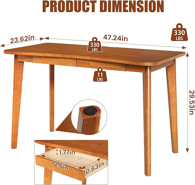 100% Solid Wood Desk with Drawers - 48 x 24 Inch Home Office Computer Desks Mid Century Modern Writing Desk with Drawers Simple Study Table Makeup Vanity - Walnut Vintage Desks