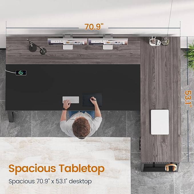 71 in Executive Desk with Power Outlets Reversible L Shaped Computer Desk with File Drawers &amp Storage Shelves Large Office Desk with Pegboard Mobile CPU Stand Modern Corner Desk (Grey)
