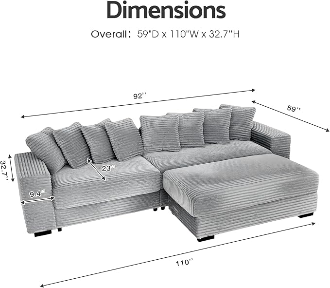 smilesun Luxe Oversized L Shaped Sofa with ChaiseComfy Faux Fur Plush L Shaped Sectional Couches with 8 PillowsSoft Fluffy Upholstered Sofa Bed for Living Room Apartment Bedroom (Grey)