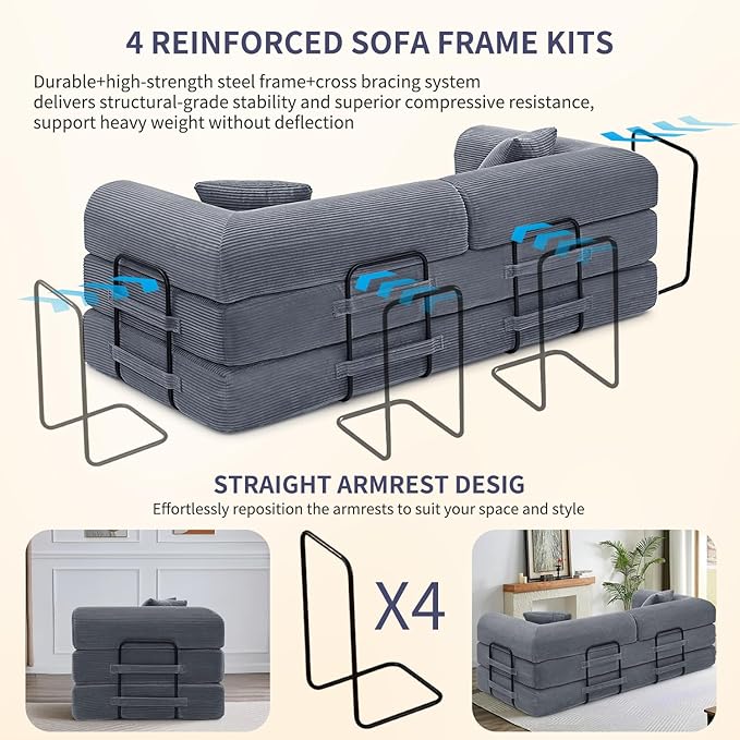 Convertible Sleeper Sofa Bed 1600lbs Weight Capacity Floor Sofa Bed with Fixed-Shape Frame Corduroy Foldable Couch for Small Space Lounge Mattress for Living Room Apartment Game Room (Dark Grey)