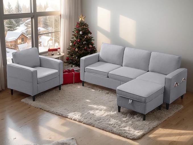 PUREMIND 2 Piece Living Room Sofa Set Modern L Shaped Sectional Sofa and Chair Sets Linen 3 Seater Couch with Storage Ottoman + Single Chair Furniture Couch Sets for Living Room Apartment