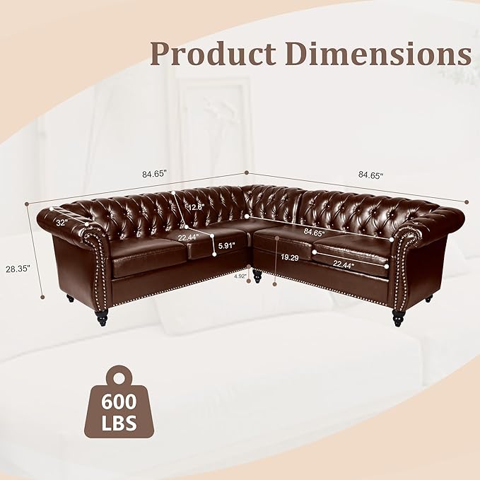 ORRD L Shaped Small Sectional Sofa Chesterfield Leather Couch Tufted Accent Sofa with Scroll Arms and Nailhead for Living Room Office (Dark Brown)
