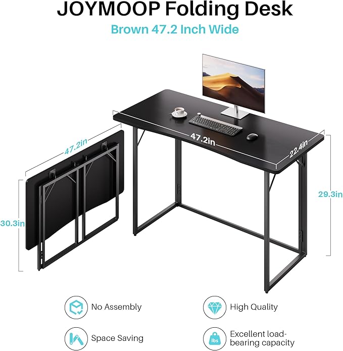JOYMOOP Black 47.2 Folding Desk No Assembly Small Foldable Desk for Home Office Wooden Top Folding Computer Desk for Working Writing Studying - Large Size