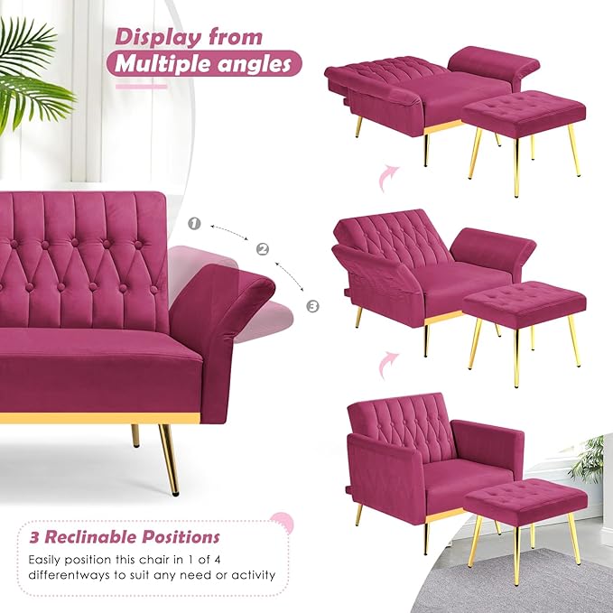 Velvet Accent Chair with Adjustable Backrest and Armrests Single Recliner Armchair with Ottoman and Golden Mental Legs for Living Room Bedroom and Waiting Room Fuchsia