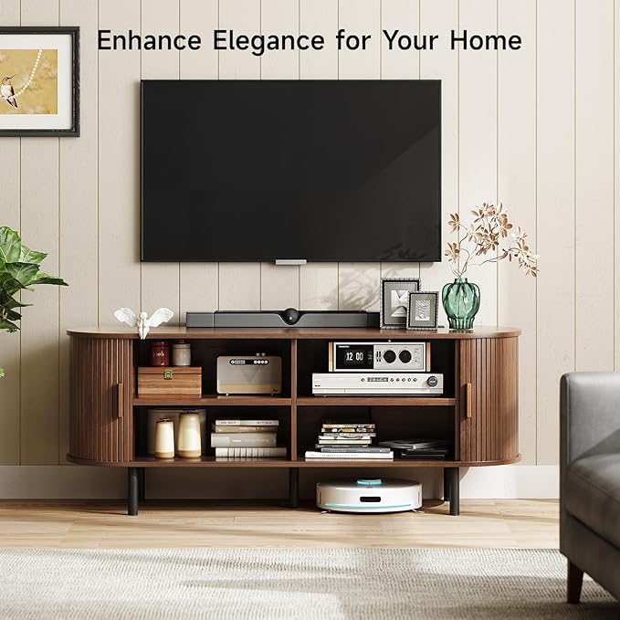 ONBRILL 55 TV Stand with Power Outlet for TVs up to 60 Inch Entertainment Center with Storage and Adjustable Shelves Modern Media Console with Sliding Doors for Living Room Walnut