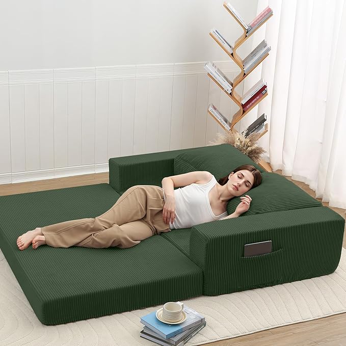 COMAX Convertible Sofa Bed Queen Folding Fold Out Couch Bed Floor Futon Couch Corduroy Sleeper Mattress with Back Pillows Boneless Sofa Comfy Lounge Loveseat for Living Room Bedroom Green
