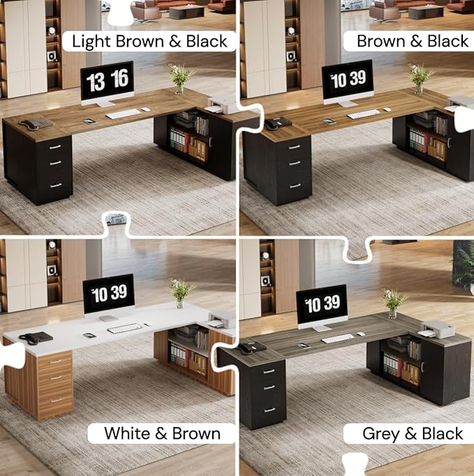 Tribesigns 85.8-Inch L-Shaped Executive Desk with File Drawers Door Cabinet &amp Shelves Extra Large Commercial Office Desk Modern Professional Office Table Business Furniture Natural &amp Blac