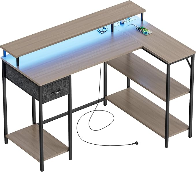 Homall L Shaped Gaming Desk with LED Lights &amp Power Outlets Reversible Computer Desk with Shelves &amp Drawer 47’’ Corner Desk Table with Monitor Stand Home Office Study Writing Table (Grey)