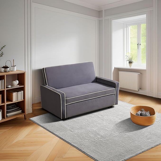 3-in-1 Convertible Sofa Sleeper Bed 2-Seat Comfy Lounge Loveseat with Adjustable Backrest Flannel Pull Out Fabric Lazy Couch Chaise Perfect for Home Apartment Dorm Office Living Room Gray