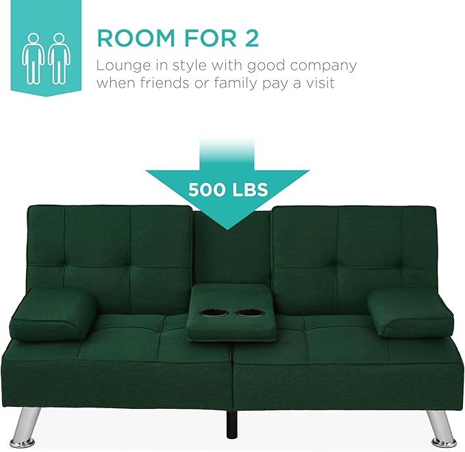 Best Choice Products Linen Modern Folding Futon Reclining Sofa Bed for Apartment Dorm w/Removable Armrests 2 Cupholders - Dark Green