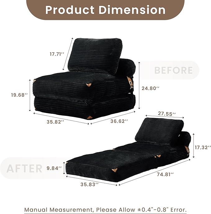 ovios Folding Sofa Bed Foldable Sleeper Chair Floor Futon Comfy Portable Convertible Fold Out Lounge Chairs for Living Room Bedroom Black