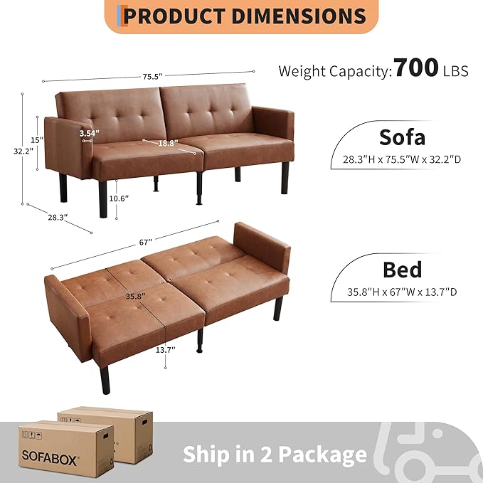 Garvee 75.5 Convertible Futon Sofa Bed PU Leather Upholstered Futon Couch with Strong Legs Mid Century Modern Sleeper Sofa Comfy Loveseat for Living Room Bedroom Dorm Brown