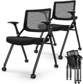 FYLICA Foldable Office Chair Set of 2 with PU Wheels Ergonomic Mesh Bouncing Back Stackable Conference Room Chair Office Guest &amp Reception &amp Meeting Chair (Black)