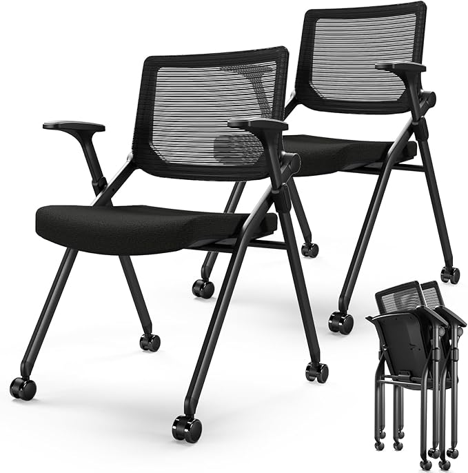 FYLICA Foldable Office Chair Set of 2 with PU Wheels Ergonomic Mesh Bouncing Back Stackable Conference Room Chair Office Guest &amp Reception &amp Meeting Chair (Black)