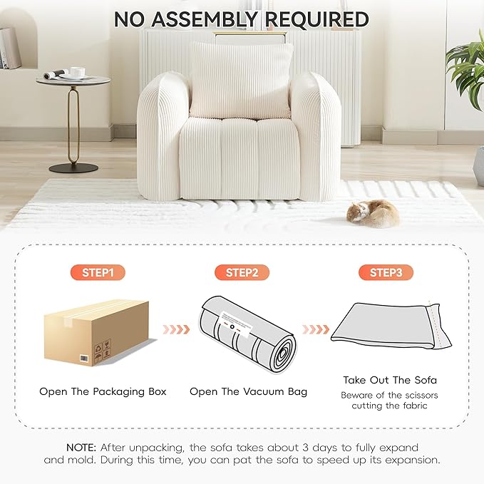 Oversized Boneless Corduroy Accent Chair Comfy Deep Seat Armchair for Bedroom Modern Upholstered Living Room Sofa Chair with Pillow No Assembly White