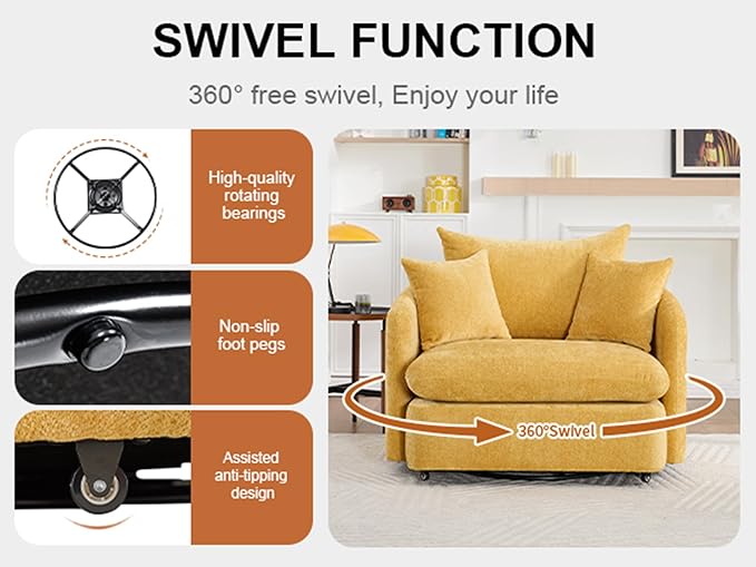 360 Degree Swivel Accent Chair Oversized 37.8 inch Extra Wide Barrel Swivel Chairs with Deep Seat for Living Room Club Reading Bedrooms Yellow