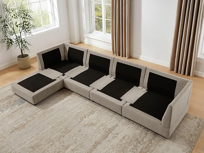 VANOMi 98 L Shape Modular Sectional Cloud Sofa Couches Convertible Sleeper Sofa with Thick Cushion Movable Ottoman for Bedroom Apartment Upholstered Comfy Living Room Sofa Set Taupe