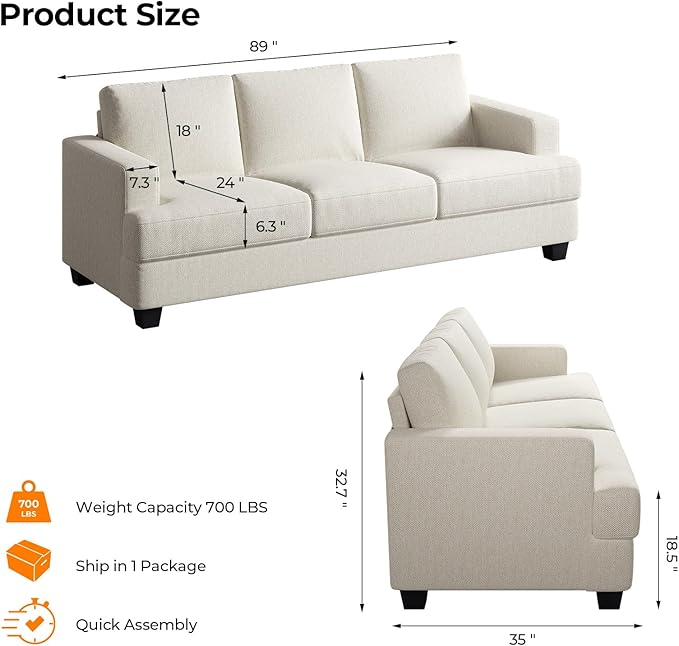 89 Inch Sofa with Extra Deep Seats 3 Seater Sofa for Living Room Modern Couch and Sofa Comfy Armrests and Seats and Backrests Easy Installation Beige