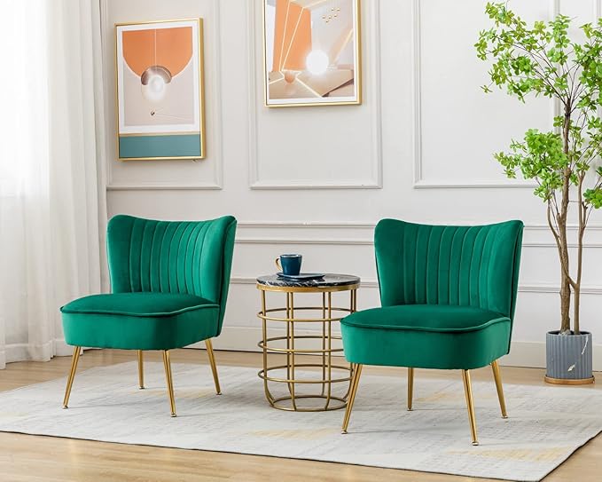 Cimota Velvet Accent Chairs Set of 2 Modern Armless Slipper Wingback Single Sofa Side Comfy Corner Chair with Golden Legs for Living Room Bedroom Green