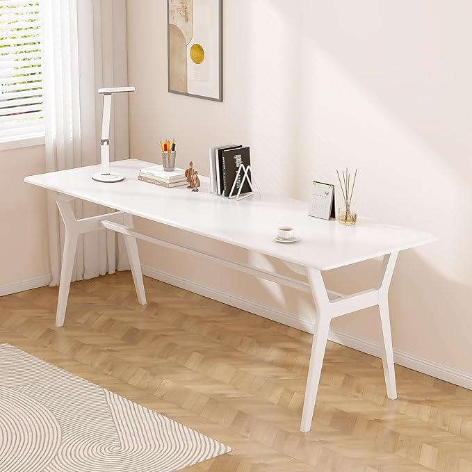Solid Wood Study Desk - 71 Double Long Computer Table for Home Office 2-Person PC Workstation White