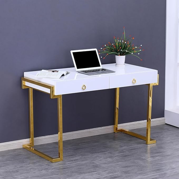 First of a Kind Juneau Modern Gloss Lacquer Computer Desk - Home Office Desk with Drawers - Writing Desk for Luxurious Touch - Versatile PC Desk White/Gold