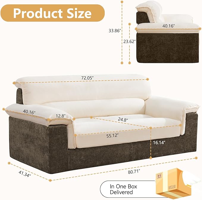 80'' Boneless Loveseat Sofa Oversized 2 Seater Couches Chenille Memory Foam Deep Seat Sofa for Living Room No Assembly Brown