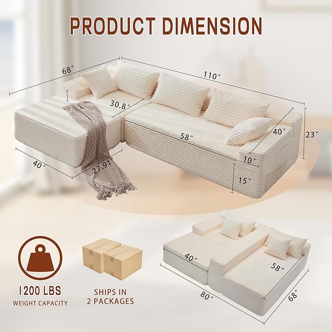 110 L-Shaped Modular Sectional Sofa with Chaise Boneless Comfy Corduroy Fluffy Couch with Deep Seat and Side Pockets Flexible Module Combination for Living Room No Assembly Side Pockets