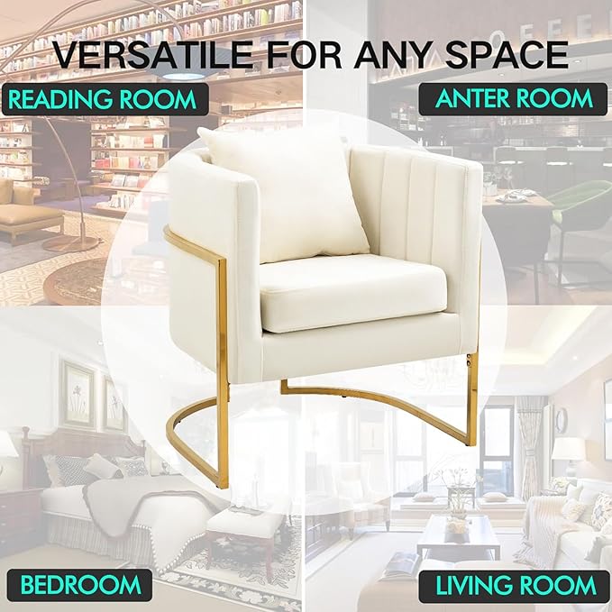 X-VOLSPORT Velvet Accent Chair Modern Barrel Arm Chair for Living Room/Bedroom/Guest Reception Upholstered Club Armchair with Pillow &amp Gold Base White