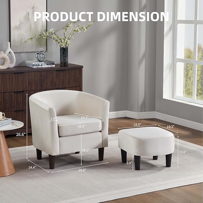 Green Swivel Accent Chair with Ottoman 360° Barrel Chairs with Foot Stool Comfy Reading Chair with Removable Pillow &amp 2 Armrest Covers for Living Room Small Spaces Bedroom (White Chenille)