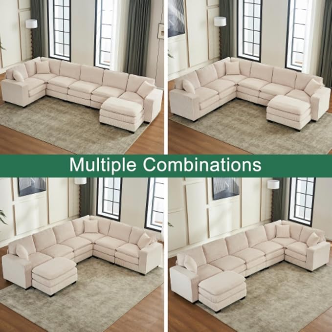 Modern U Shaped 6-seat Sectional Sofa Couch with one Ottoman and Three toss PillowsModular Sofa for Living RoomCorduroy Sofa (WhiteCorduroy-7 Seat)
