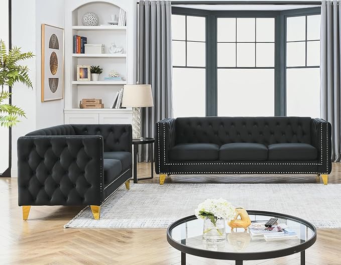 Velvet Living Room Sofa Set of 2 Comfy Loveseat and 3 Seater Couch Modern Sofa with Tufted Back and Rivet Decoration Upholstered Long Couch with Solid Golden Metal Tapered Legs Black